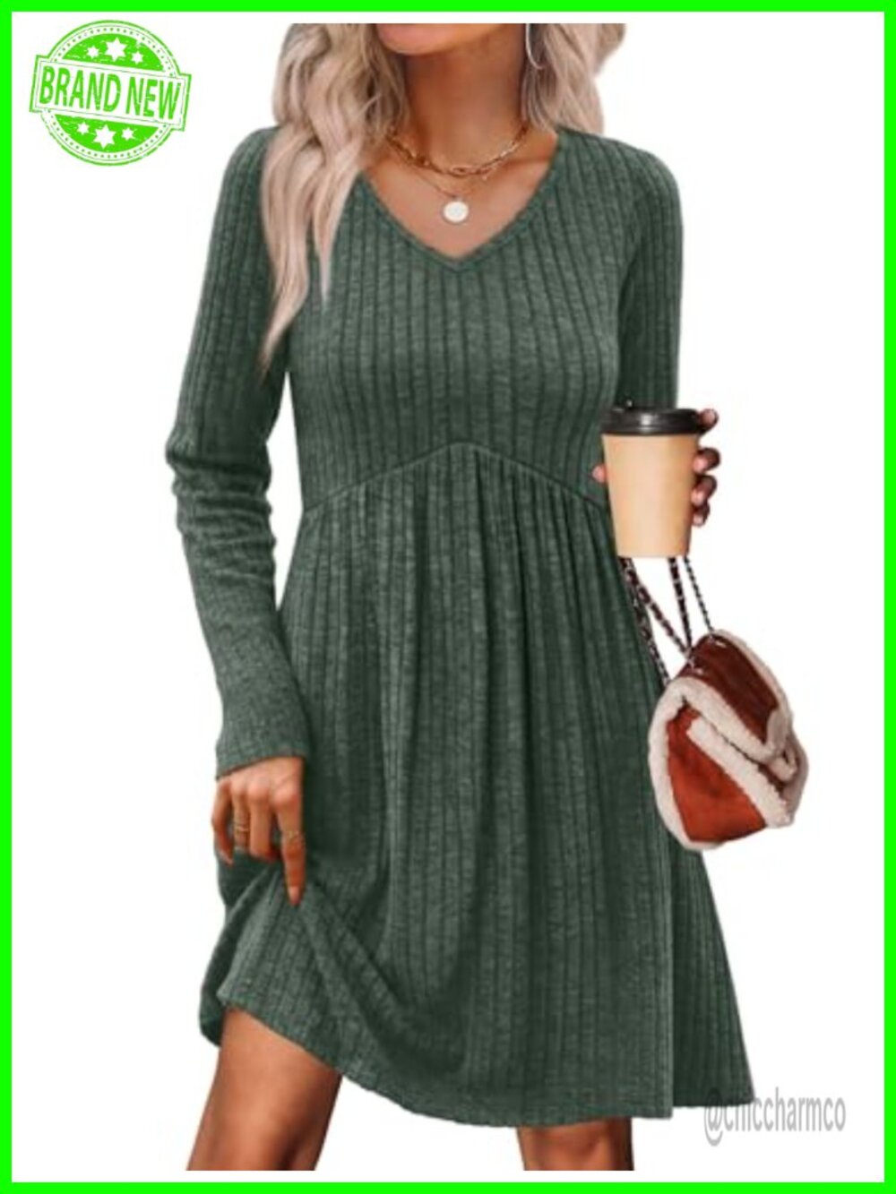 Long Sleeve V Neck Sweater Dress Empire Waist Babydoll Casual with Pockets
